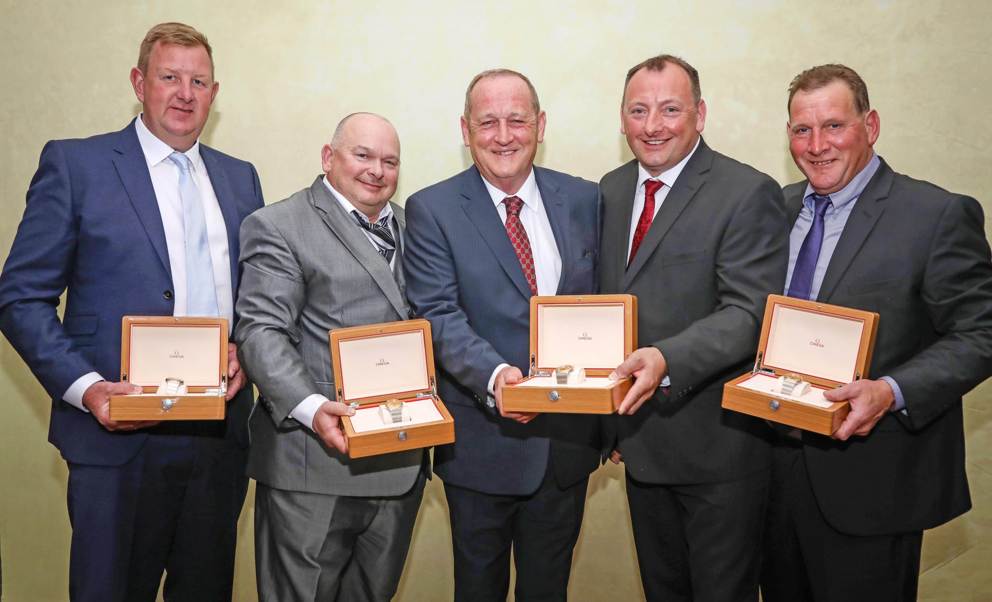 Patrick Trant, Chairman of multi-disciplinary contractor Trant Engineering, centre, with recipients of 25-year service awards. From left, Darren Bishop, Pete Boyt, Patrick, Darren Milam and Tom Lee. They bring the total number of staff with similar awards to 136 at award-winning Trant Engineering.