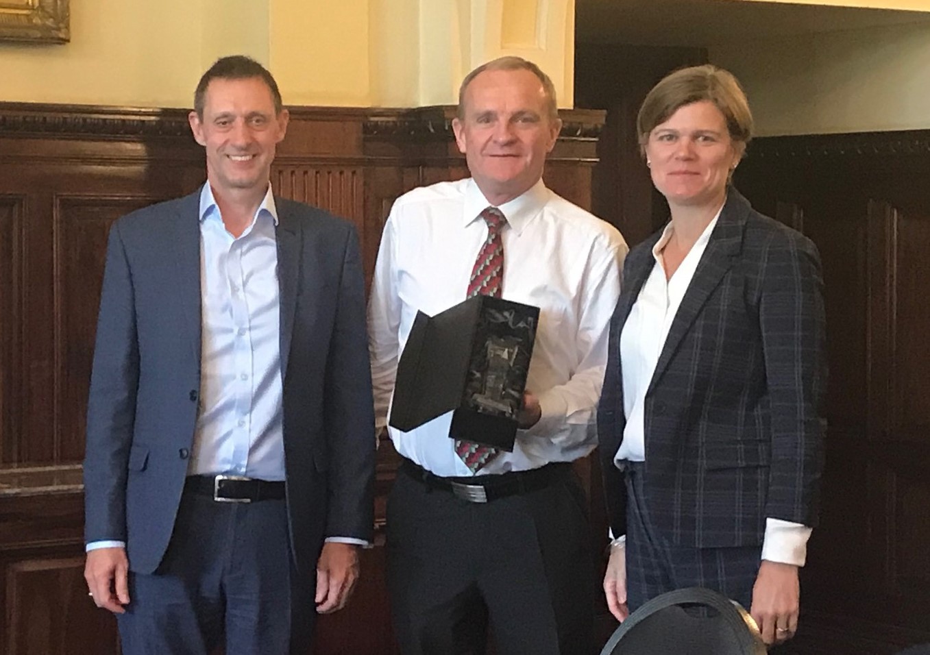 NATIONAL AWARD: From left, Ian Cartwright, Director, Capital Delivery, National Grid, Gerry Somers, Trant Engineering Managing Director (UK), and Nicola Shaw, Executive Director, National Grid.